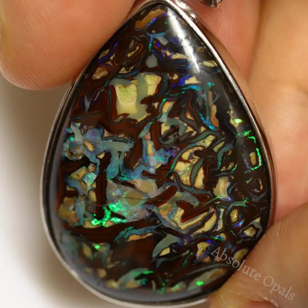 12.97 G Australian Boulder Opal With Silver Pendant: L 43.6 Mm Jewellery