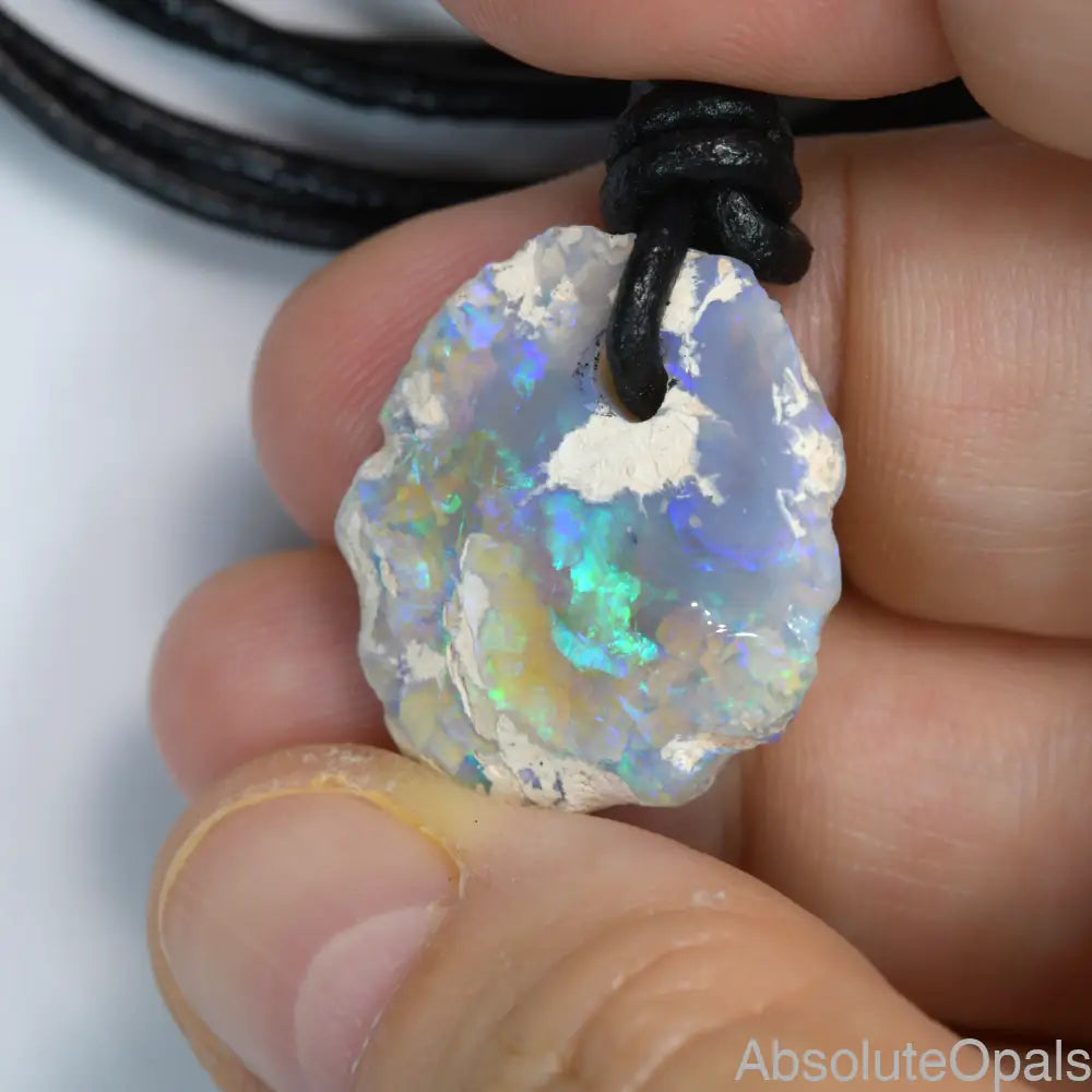 Australian Opal Drilled Greek Leather Mounted Pendant Necklace