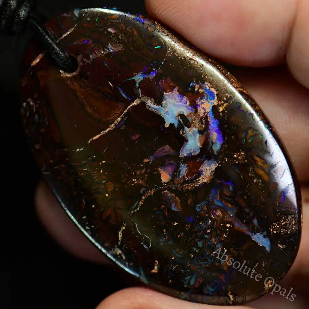 144 Cts Australian Opal Boulder Drilled Greek Leather Mounted Pendant Necklace Jewellery