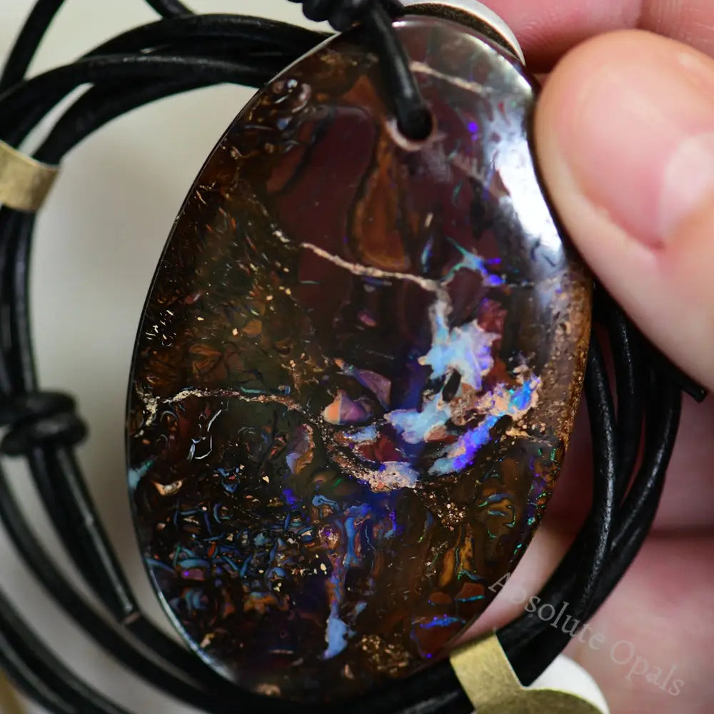 Australian Opal Boulder Drilled Greek Leather Mounted Pendant Necklace