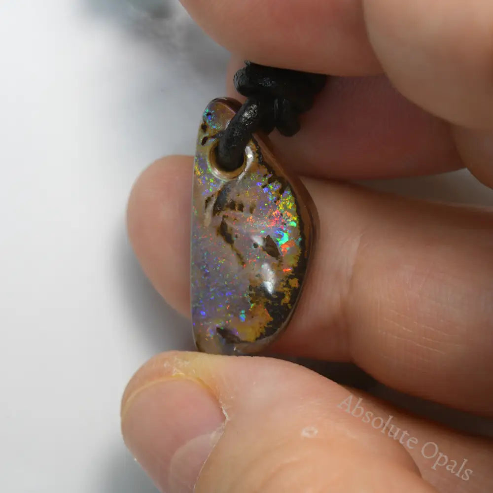 Australian Boulder Opal Drilled Leather Mounted Pendant Necklace