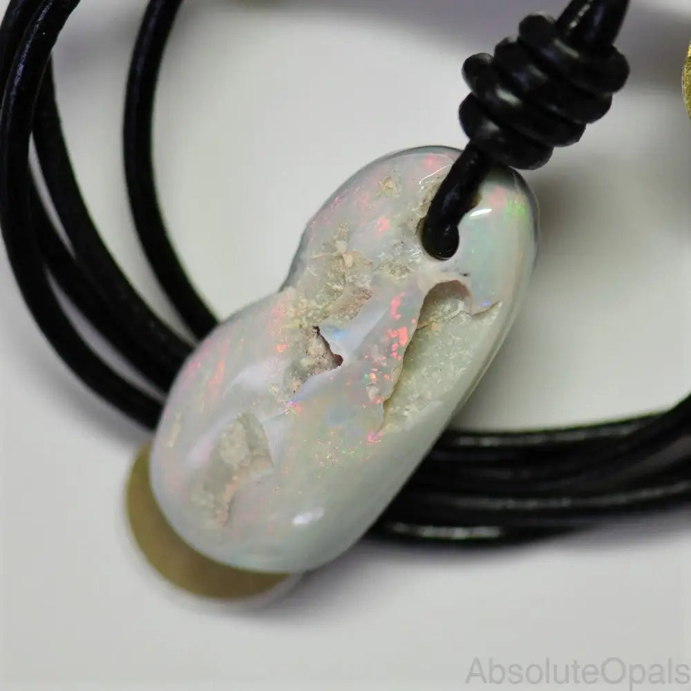 Australian Opal Drilled Greek Leather Mounted Pendant Necklace