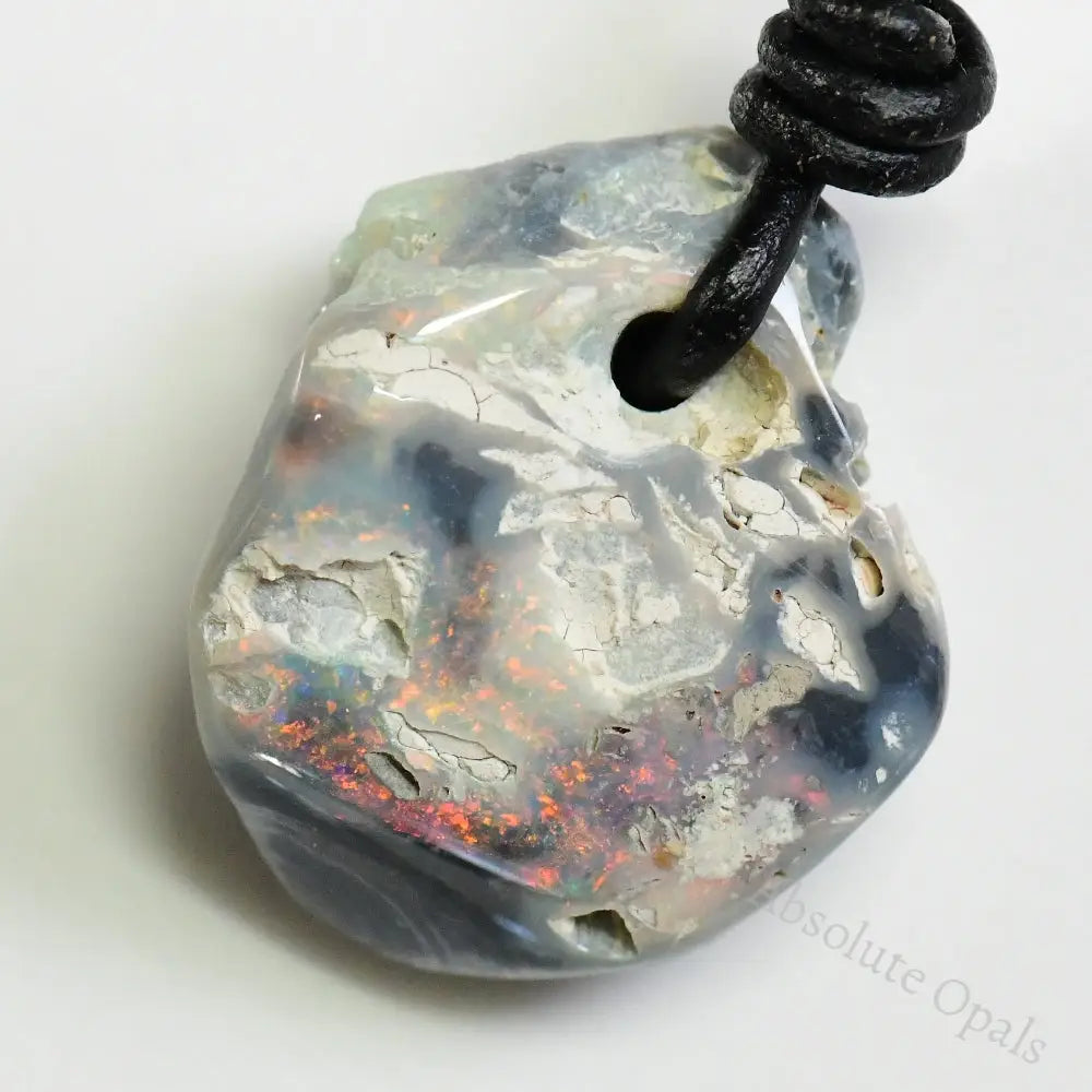 Australian Opal Drilled Greek Leather Mounted Pendant Necklace