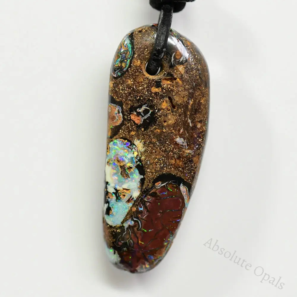 Australian Opal Boulder Drilled Greek Leather Mounted Pendant Necklace