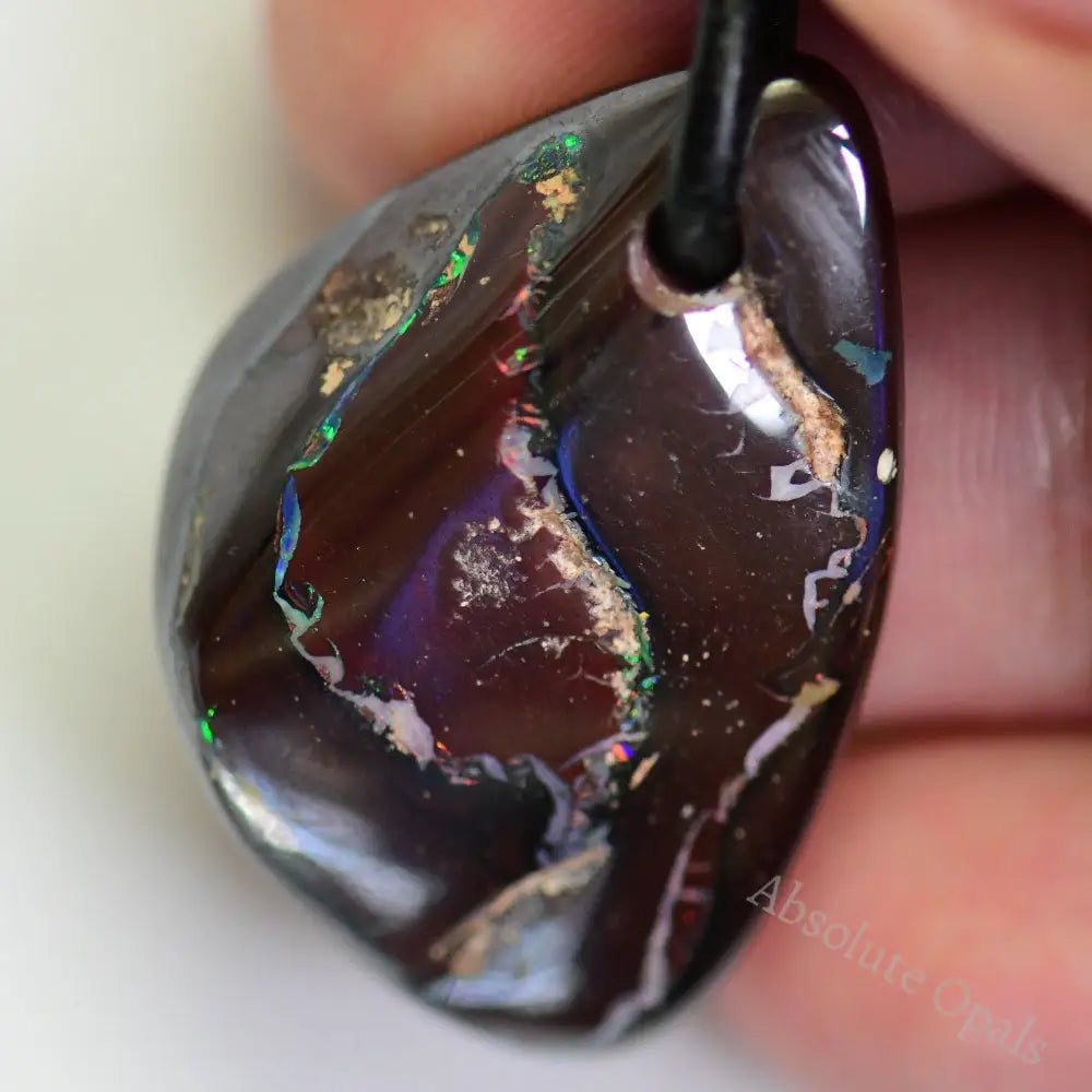 52 Cts Australian Opal Boulder Drilled Greek Leather Mounted Pendant Necklace Jewellery