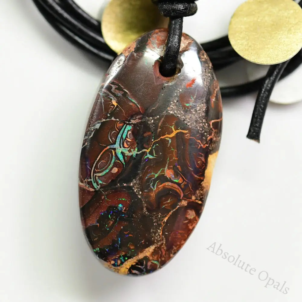 Australian Opal Boulder Drilled Greek Leather Mounted Pendant Necklace