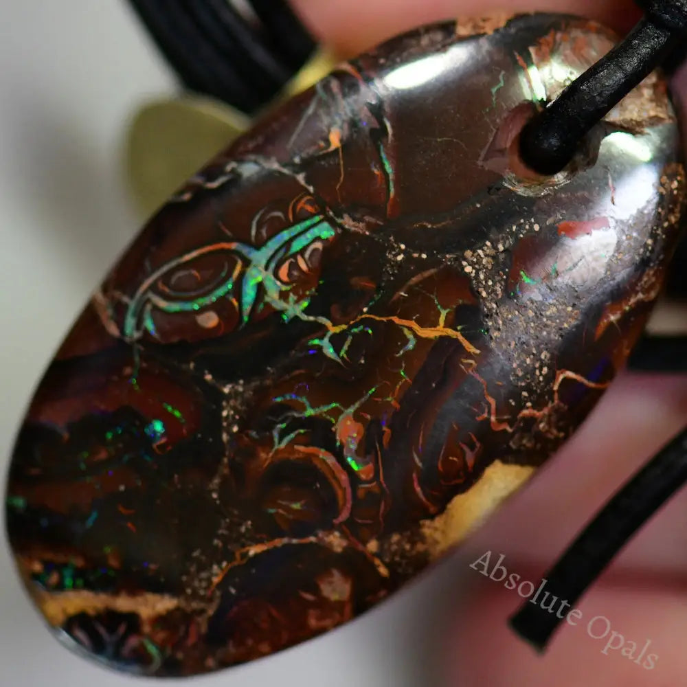 66 Cts Australian Opal Boulder Drilled Greek Leather Mounted Pendant Necklace Jewellery