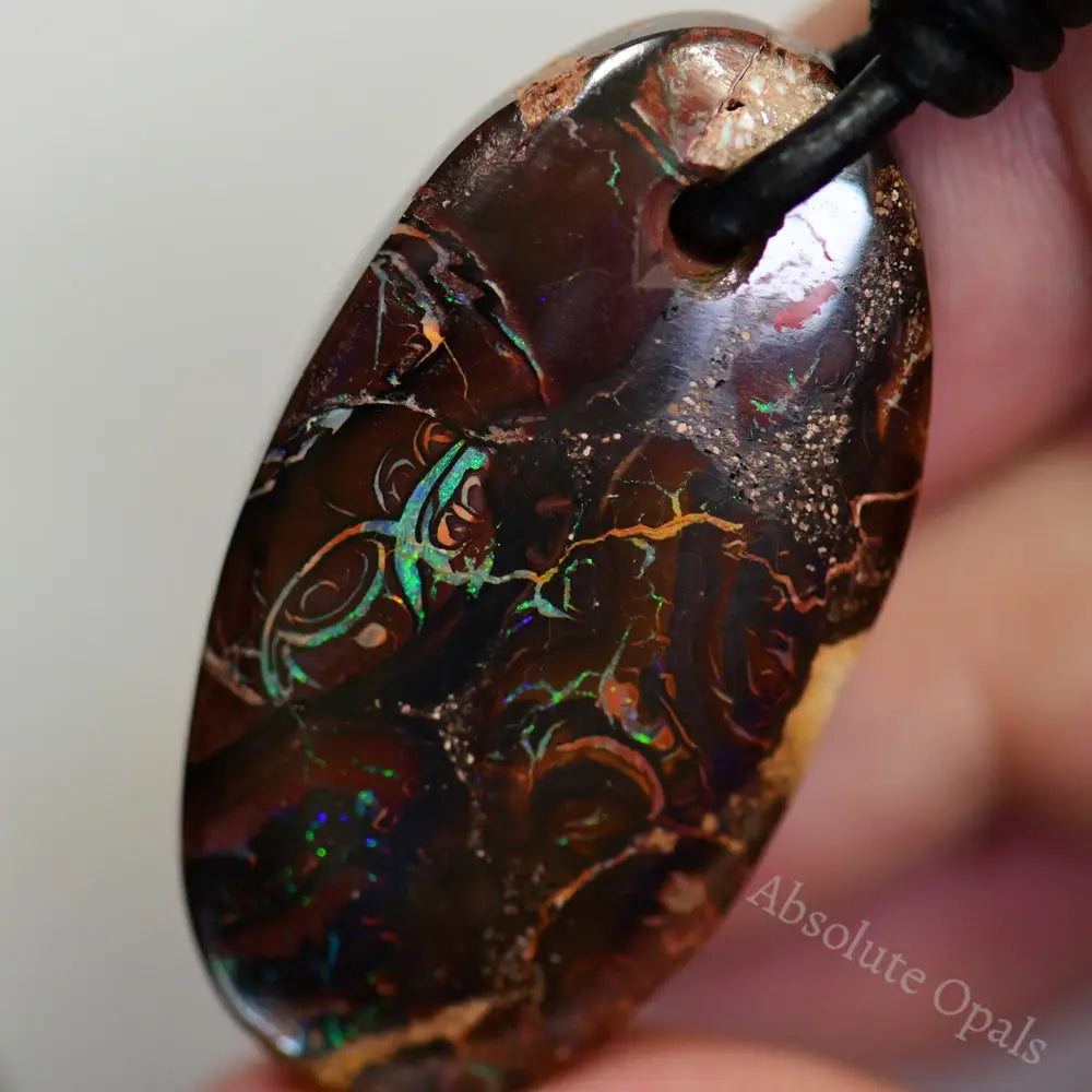 66 Cts Australian Opal Boulder Drilled Greek Leather Mounted Pendant Necklace Jewellery