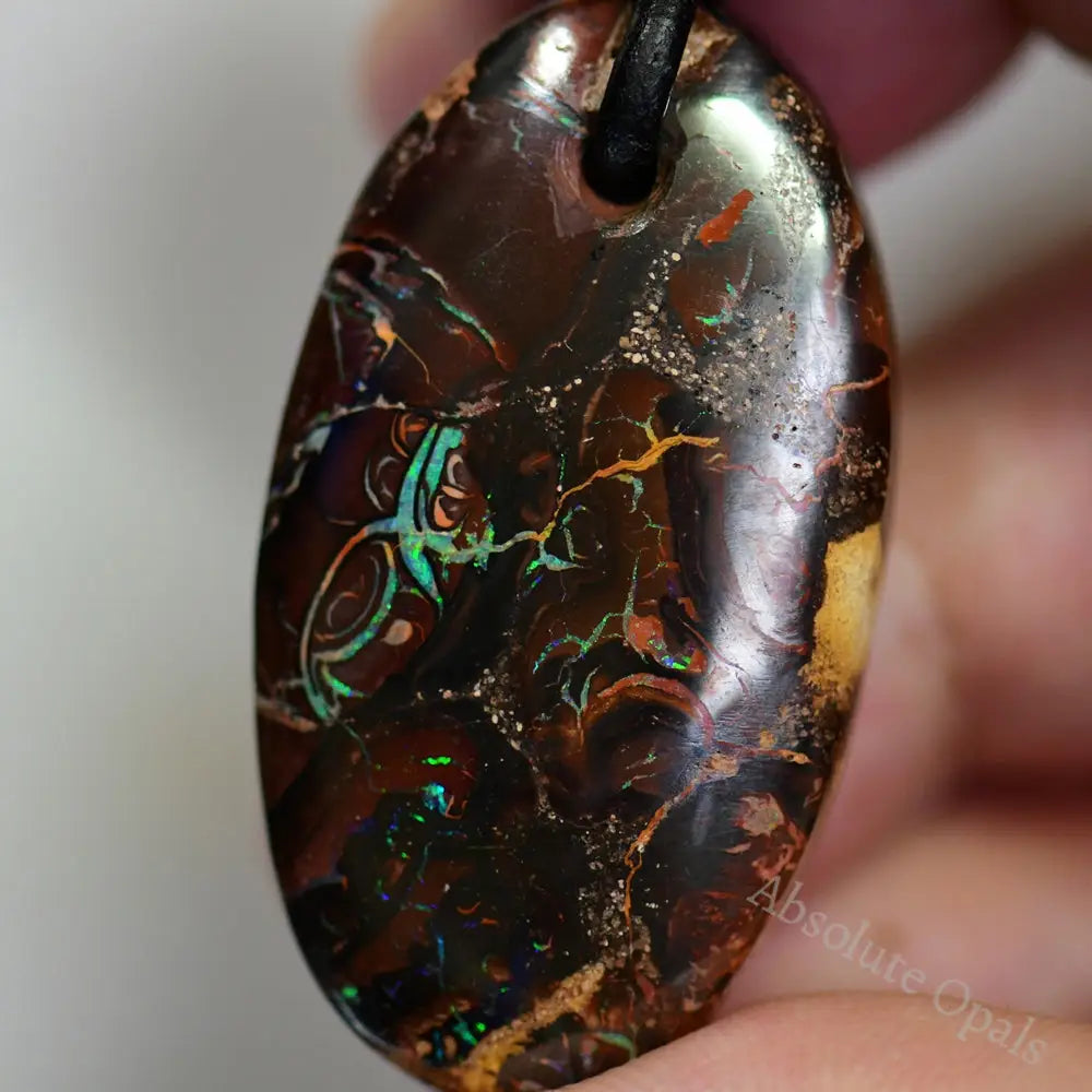 66 Cts Australian Opal Boulder Drilled Greek Leather Mounted Pendant Necklace Jewellery