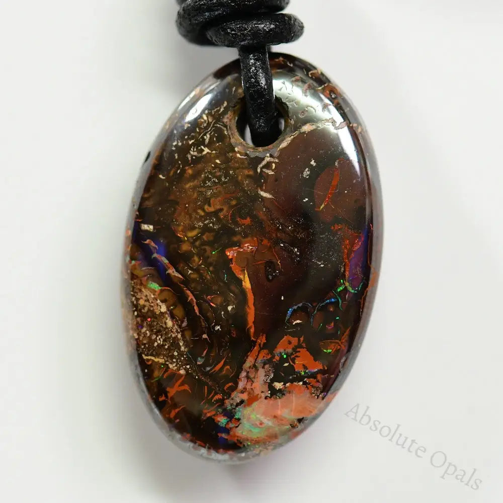 Australian Opal Boulder Drilled Greek Leather Mounted Pendant Necklace