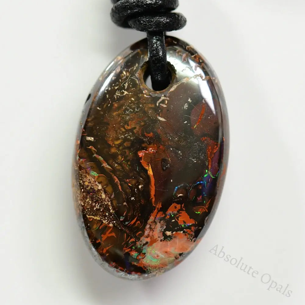 Australian Opal Boulder Drilled Greek Leather Mounted Pendant Necklace