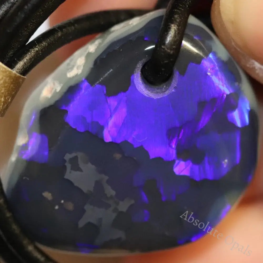 Australian Black Opal Lightning Ridge Drilled Greek Leather Mounted Pendant Necklace 29.43 Cts