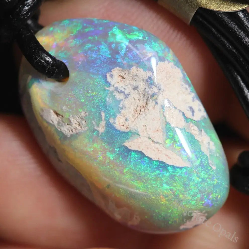 Australian Opal Boulder Drilled Greek Leather Mounted Pendant Necklace 20.84 Cts Jewellery