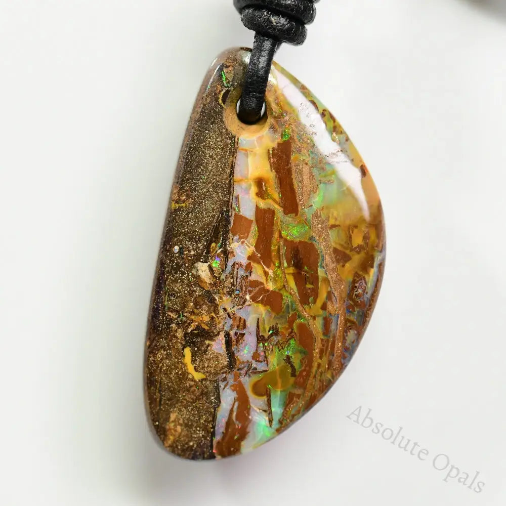 Australian Opal Boulder Drilled Greek Leather Mounted Pendant Necklace