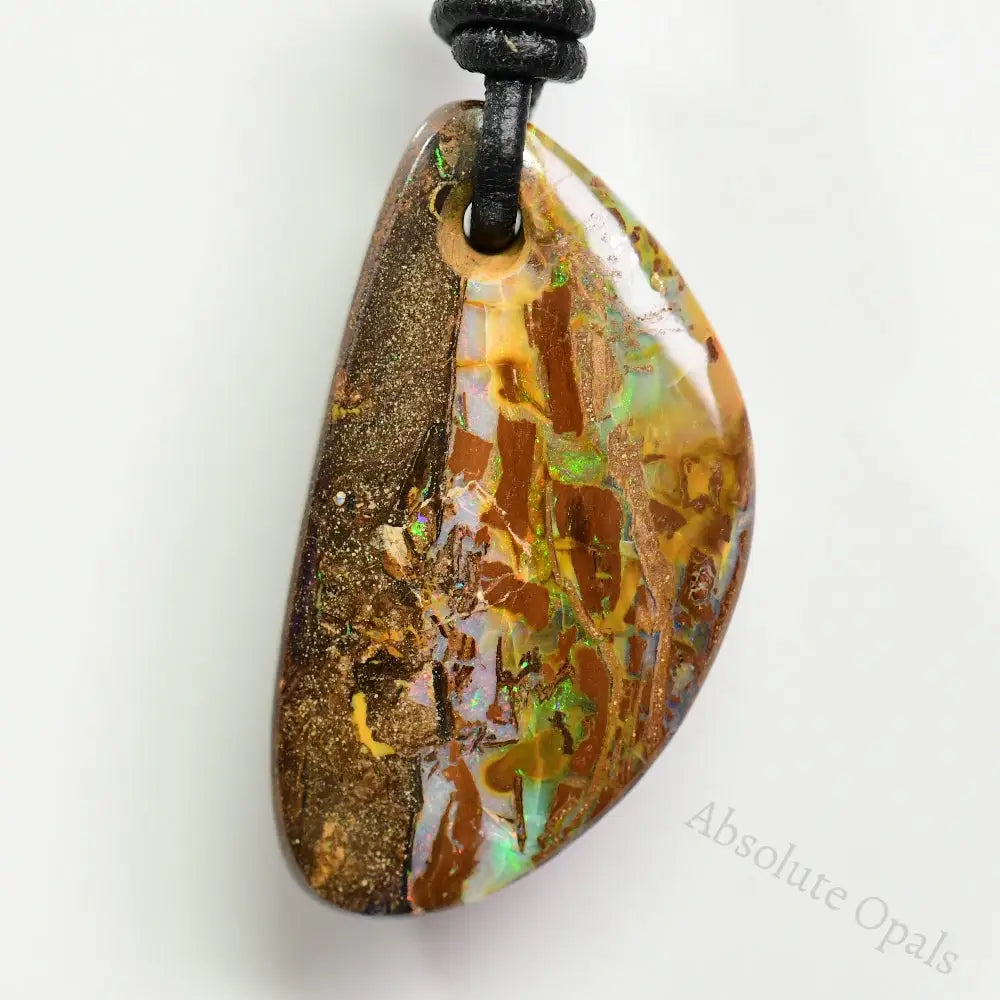 Australian Opal Boulder Drilled Greek Leather Mounted Pendant Necklace 61.94 Cts Jewellery