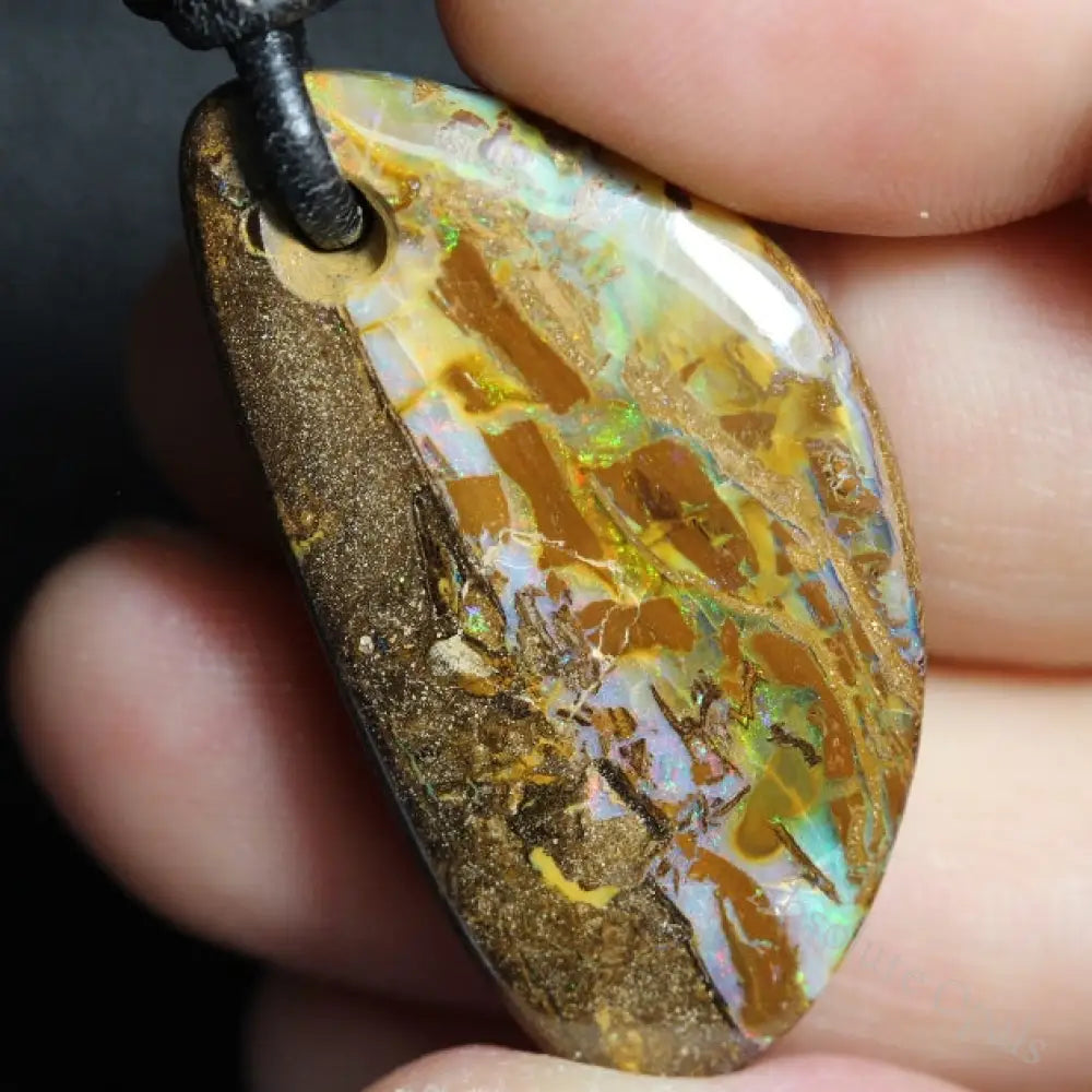 Australian Opal Boulder Drilled Greek Leather Mounted Pendant Necklace 61.94 Cts Jewellery