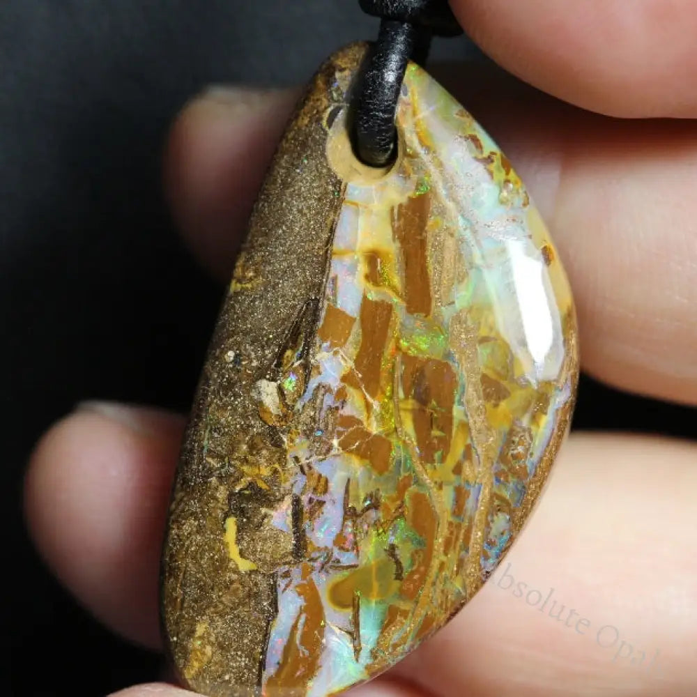 Australian Opal Boulder Drilled Greek Leather Mounted Pendant Necklace 61.94 Cts Jewellery