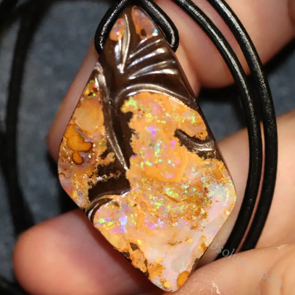 Australian Opal Boulder Drilled Greek Leather Pendant Necklace 76.50 Cts Jewellery