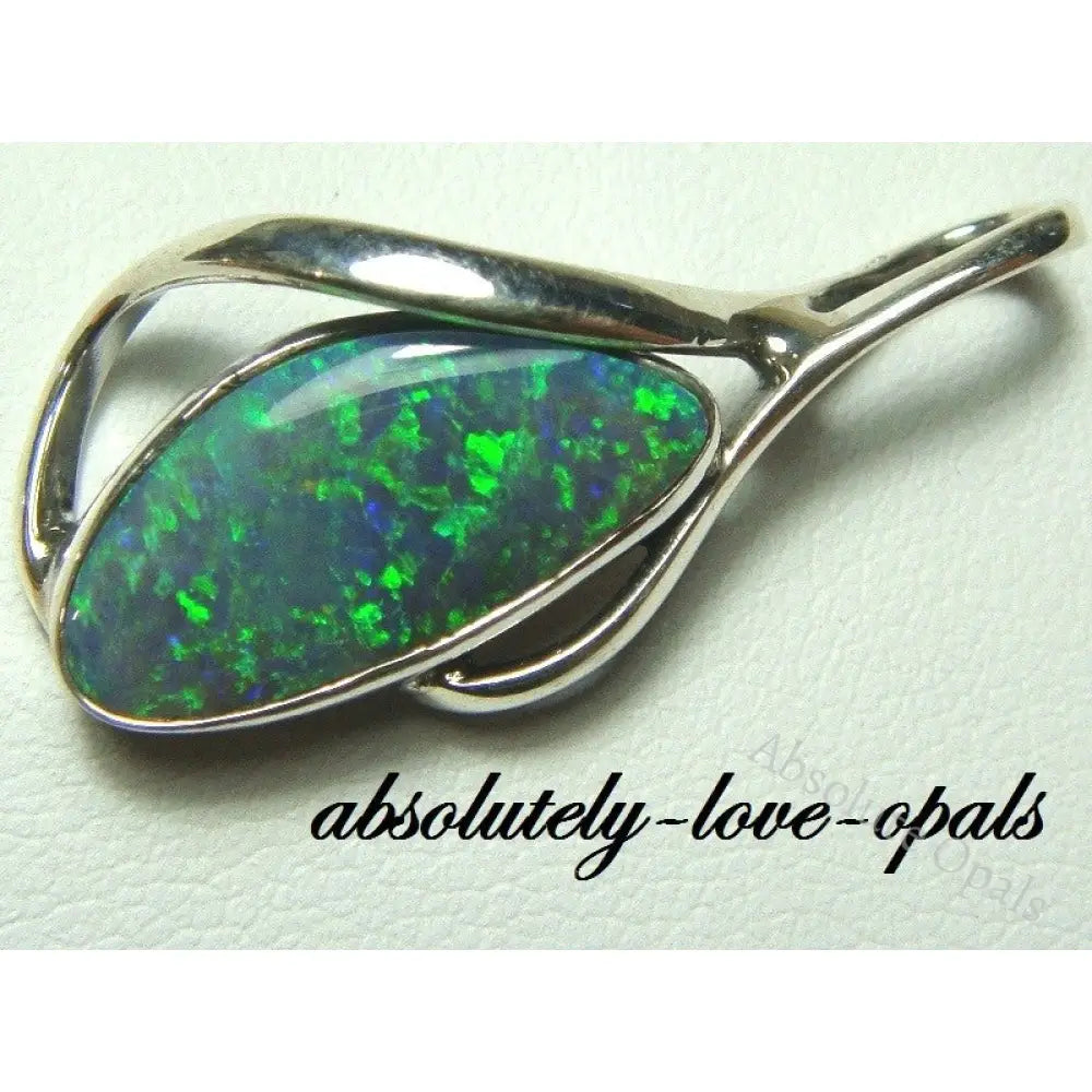 Lightning Ridge Solid Opal Gem Green Fire Sterling Silver 925 Pendant 2.8G L29Mm Jewellery